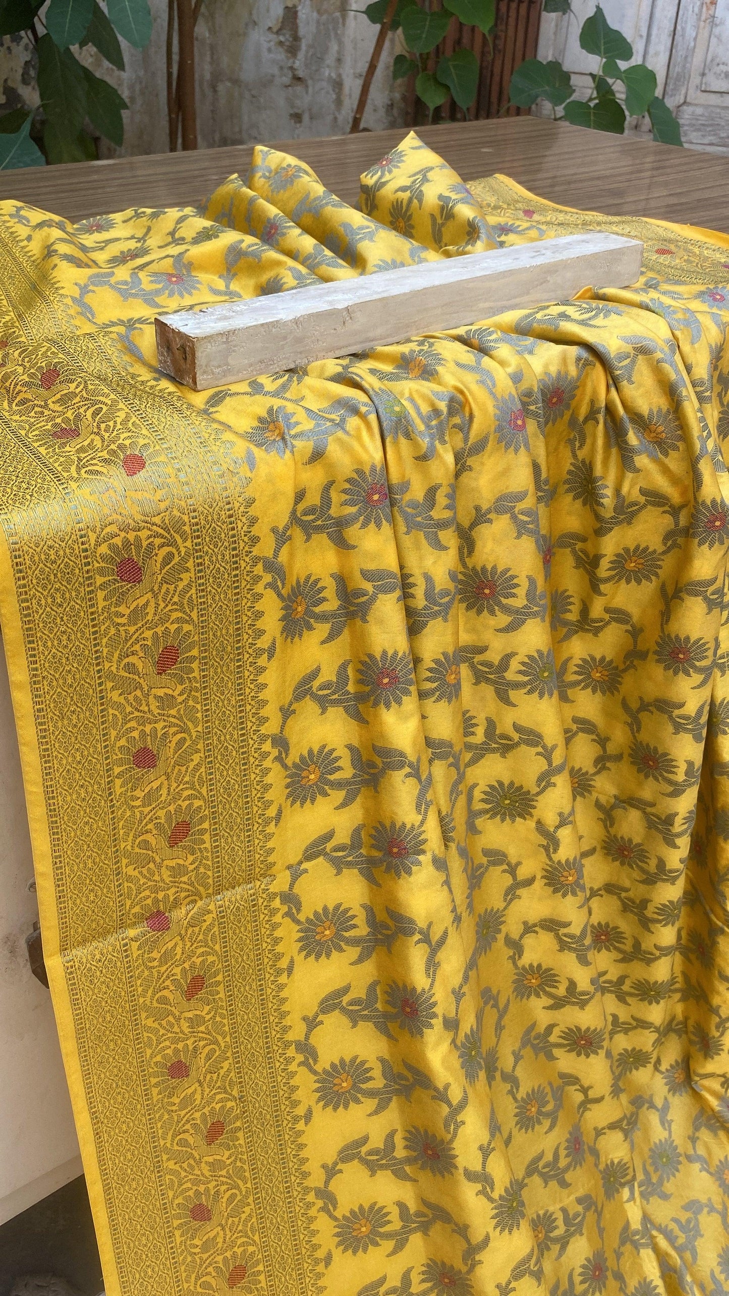 Handwoven Yellow Banarasi Silk Sari by Shades Of Benares - banarasi - banarasi saree shop