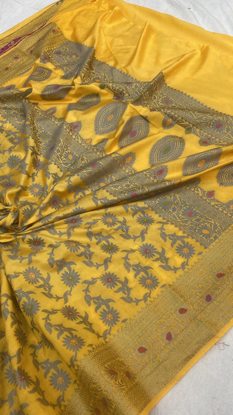 Handwoven Yellow Banarasi Silk Sari by Shades Of Benares - banarasi - banarasi saree shop