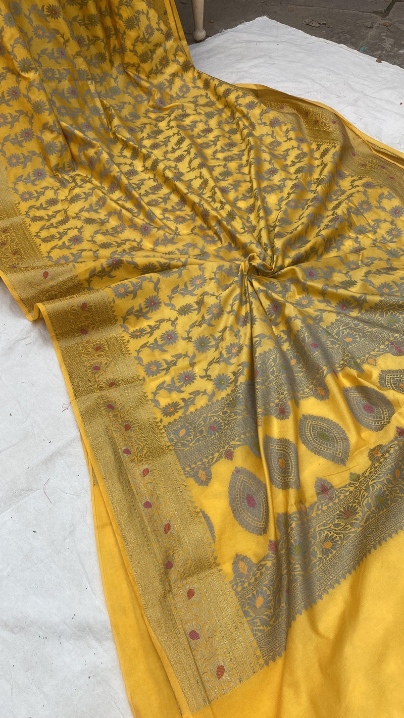 Handwoven Yellow Banarasi Silk Sari by Shades Of Benares - banarasi - banarasi saree shop
