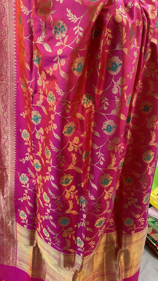 Hot Pink Pure Banarasi Katan Silk Handloom Dupatta by Shades Of Benares - banarasi - banarasi saree shop