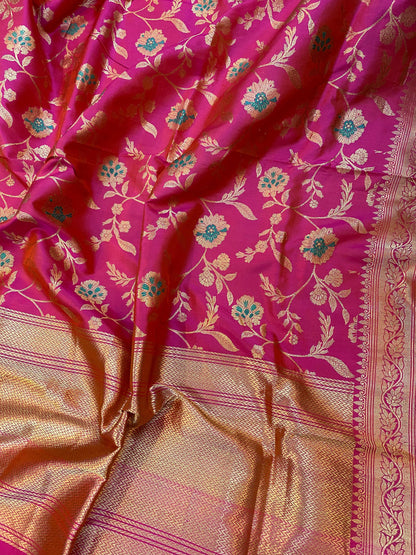 Hot Pink Pure Banarasi Katan Silk Handloom Dupatta by Shades Of Benares - banarasi - banarasi saree shop