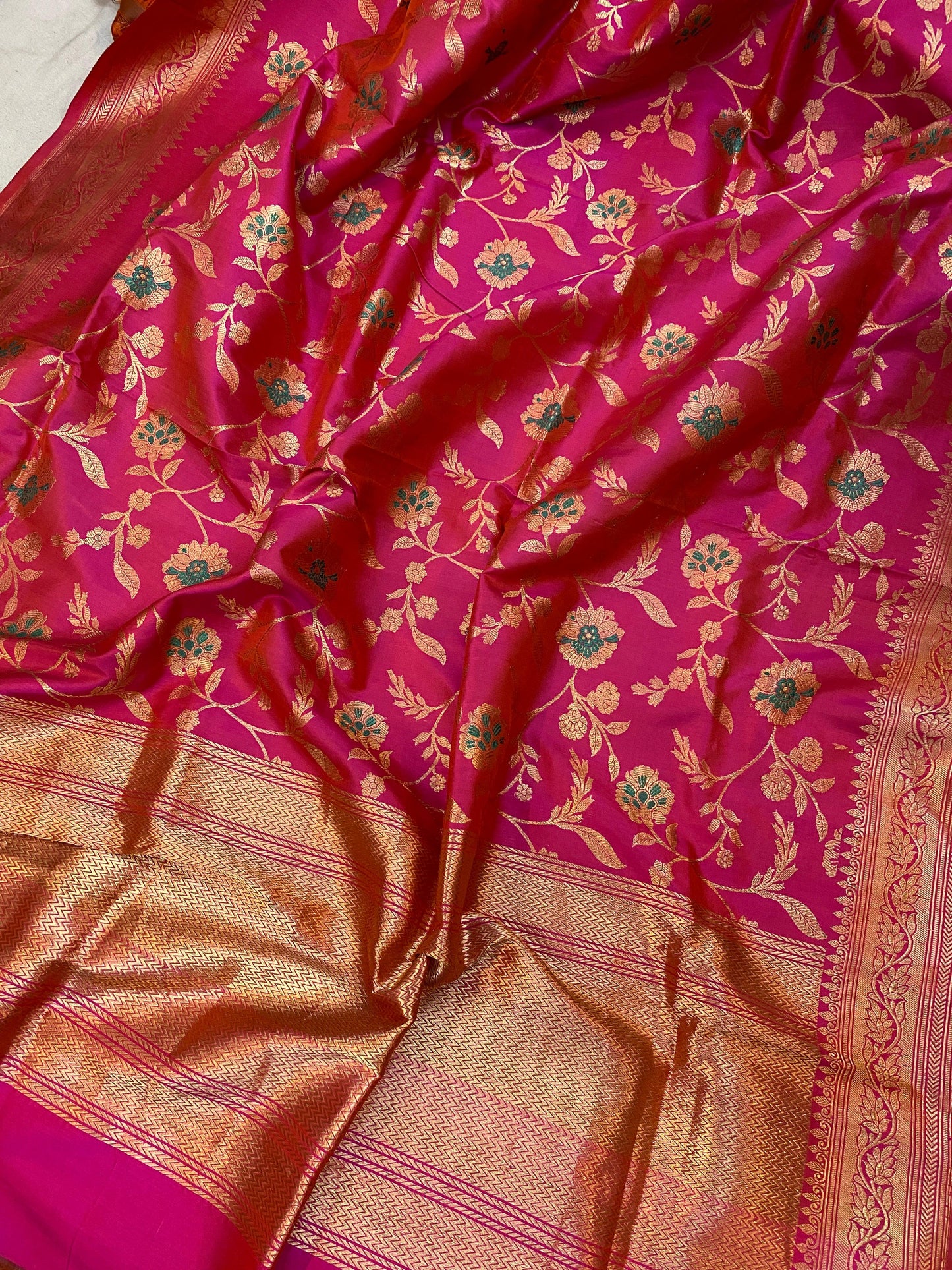 Hot Pink Pure Banarasi Katan Silk Handloom Dupatta by Shades Of Benares - banarasi - banarasi saree shop