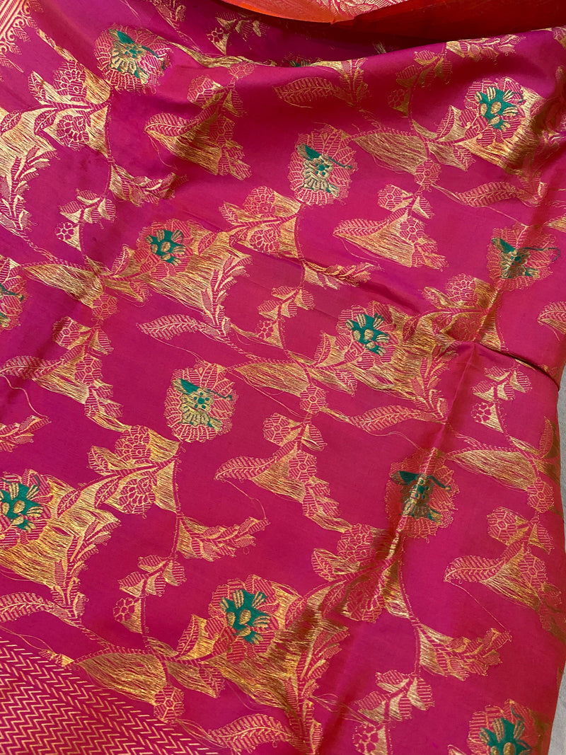 Hot Pink Pure Banarasi Katan Silk Handloom Dupatta - Shades Of Benares