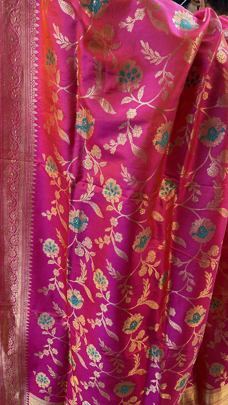 Hot Pink Pure Banarasi Katan Silk Handloom Dupatta - Shades Of Benares