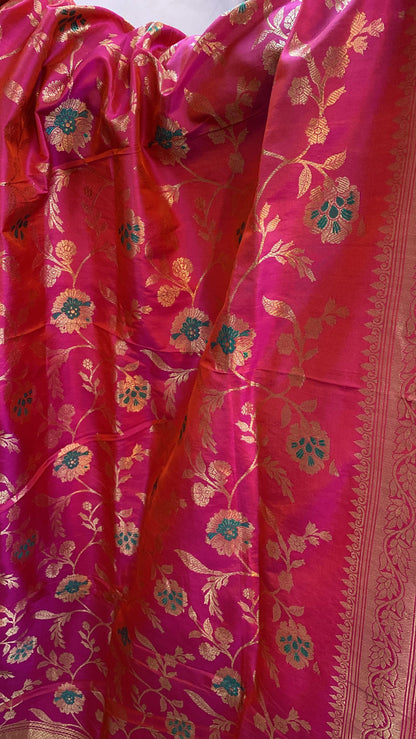 Hot Pink Pure Banarasi Katan Silk Handloom Dupatta by Shades Of Benares - banarasi - banarasi saree shop