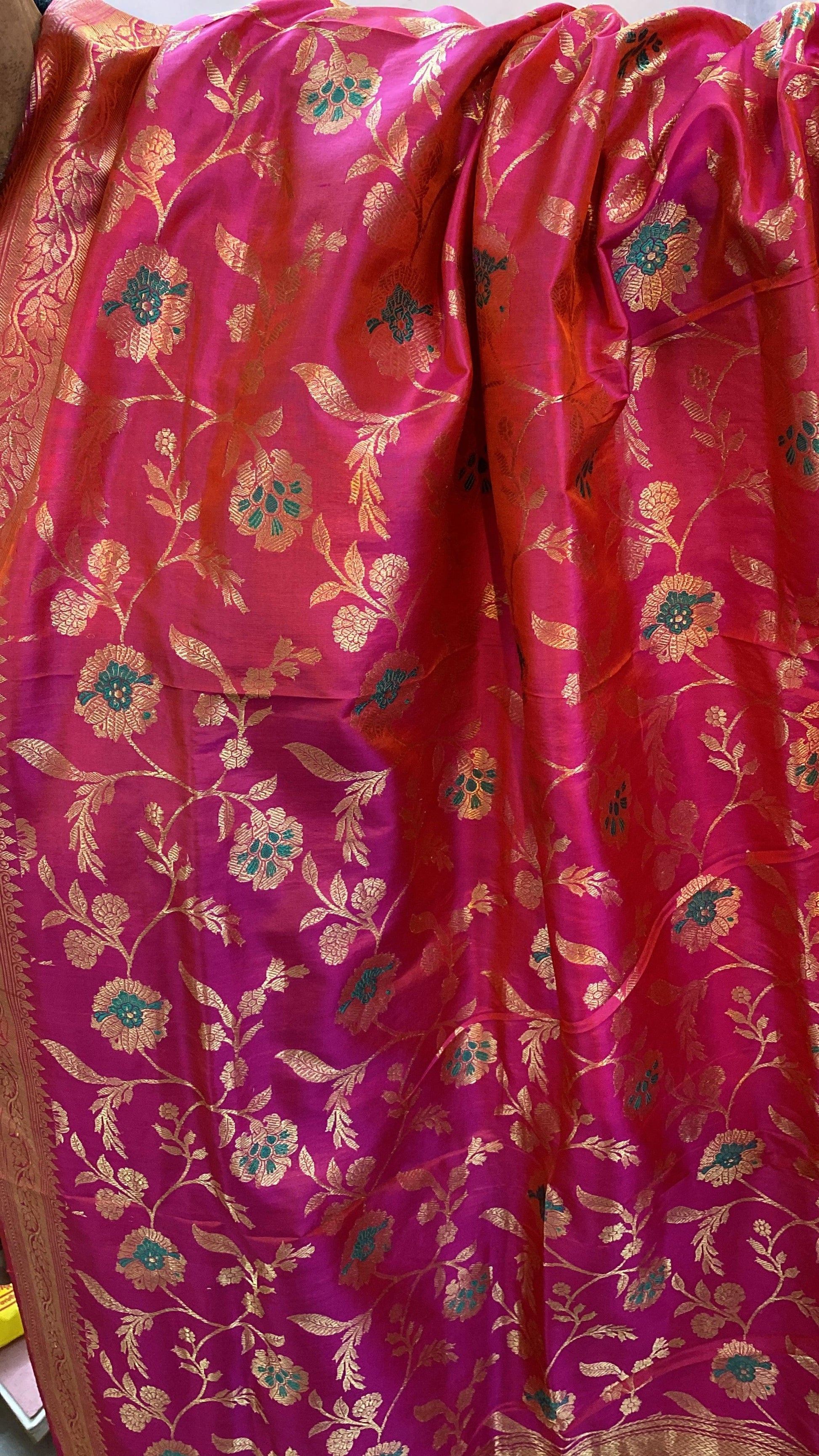 Hot Pink Pure Banarasi Katan Silk Handloom Dupatta by Shades Of Benares - banarasi - banarasi saree shop