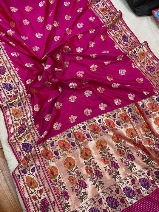 Hot Pink Pure Banarasi Katan Silk Handloom Kadhwa Paithani Saree by Shades Of Benares - banarasi - banarasi saree shop