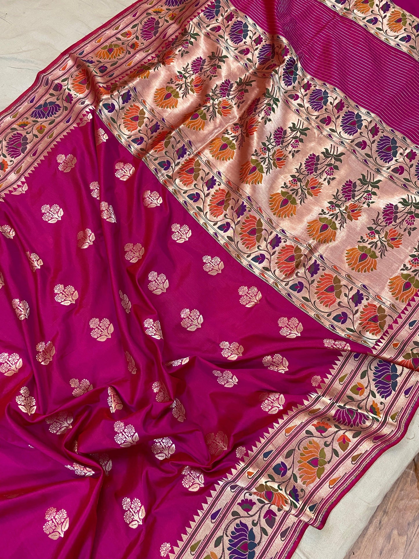 Hot Pink Pure Banarasi Katan Silk Handloom Kadhwa Paithani Saree by Shades Of Benares - banarasi - banarasi saree shop