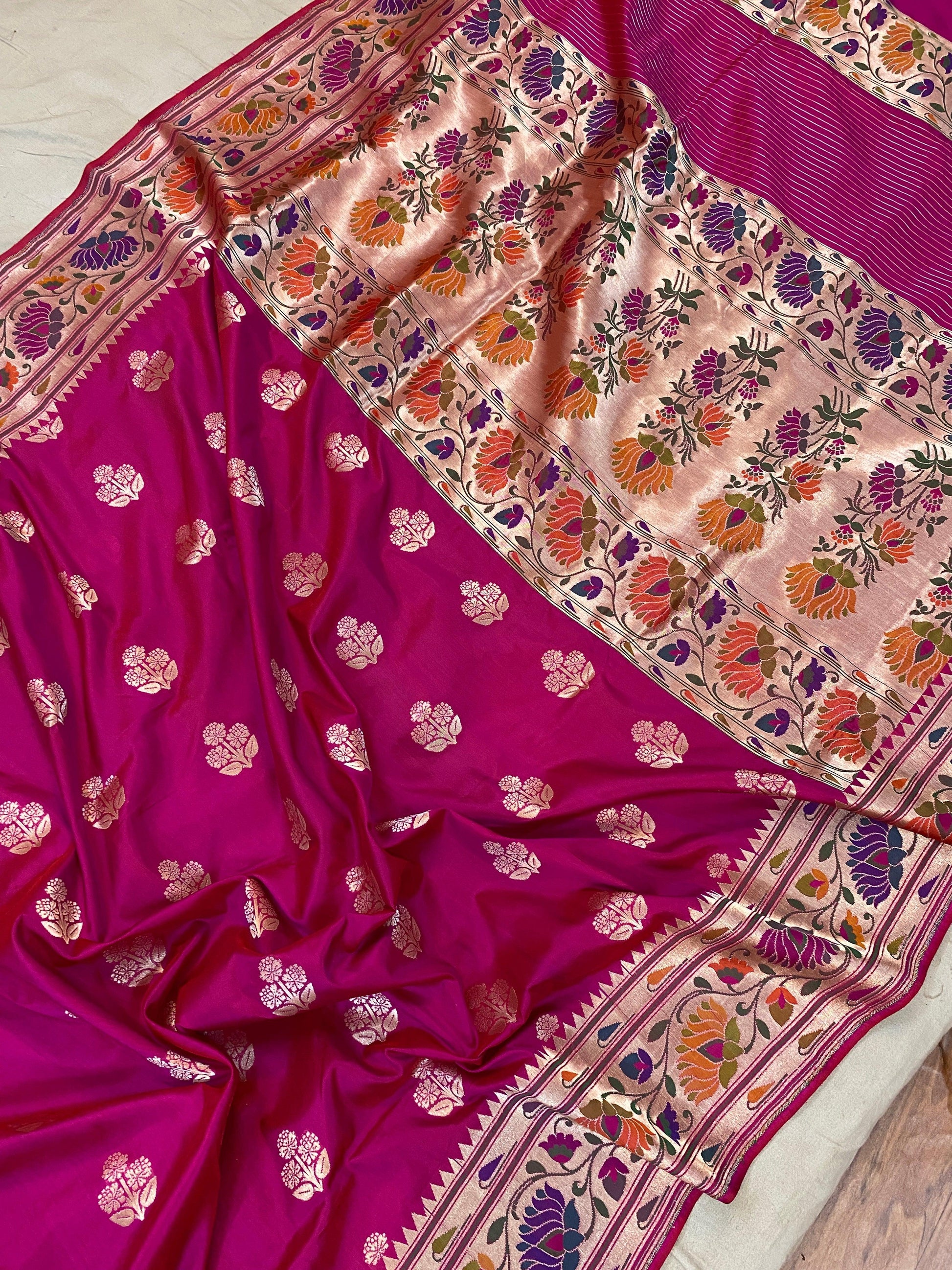 Hot Pink Pure Banarasi Katan Silk Handloom Kadhwa Paithani Saree by Shades Of Benares - banarasi - banarasi saree shop