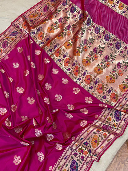 Hot Pink Pure Banarasi Katan Silk Handloom Kadhwa Paithani Saree by Shades Of Benares - banarasi - banarasi saree shop