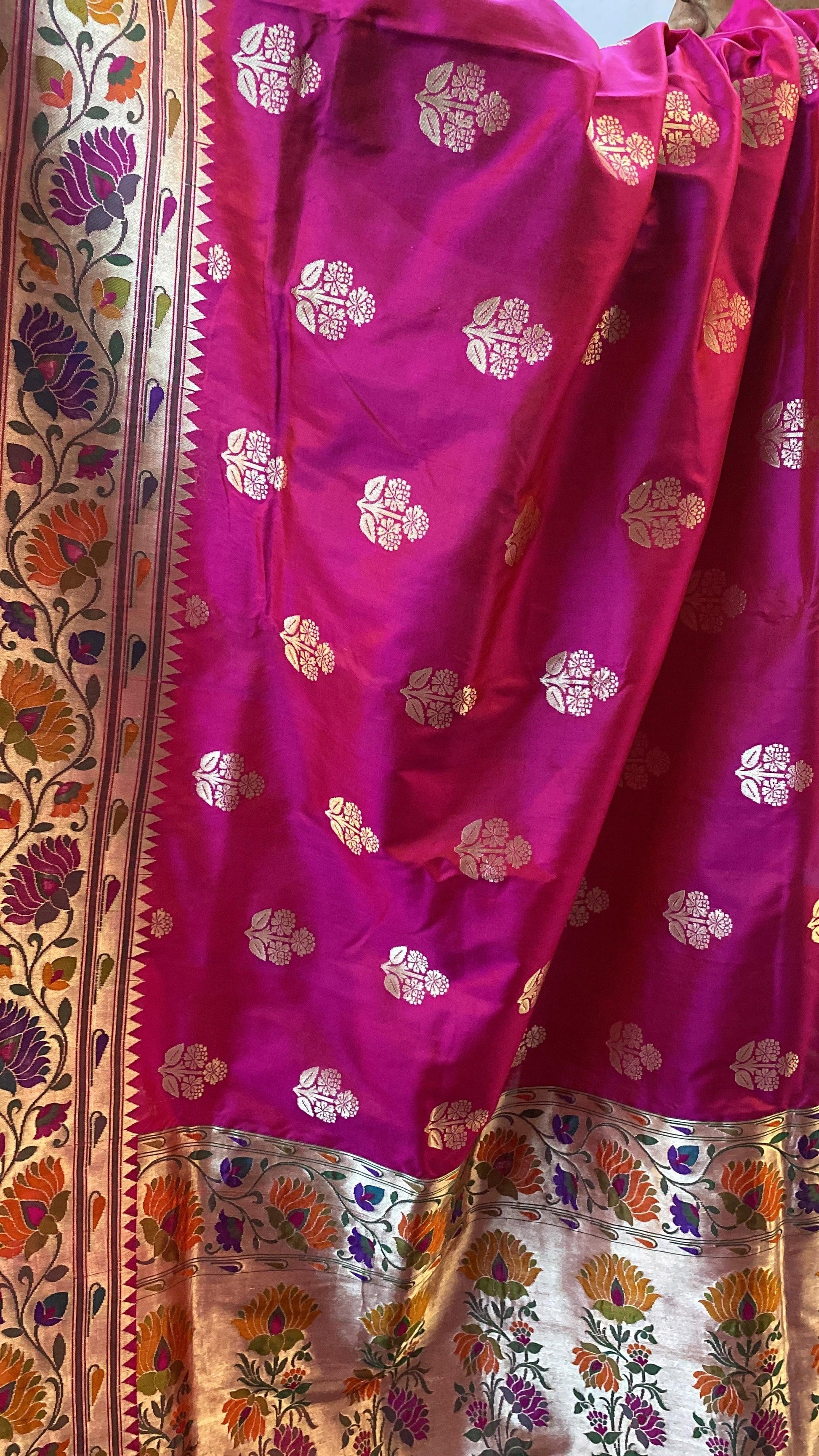 Hot Pink Pure Banarasi Katan Silk Handloom Kadhwa Paithani Saree by Shades Of Benares - banarasi - banarasi saree shop