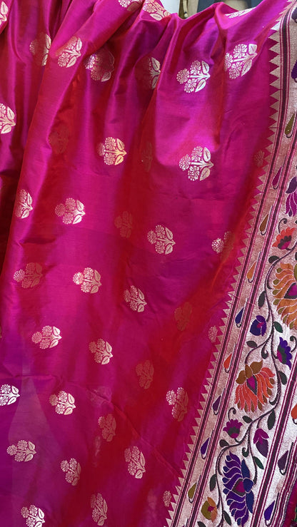 Hot Pink Pure Banarasi Katan Silk Handloom Kadhwa Paithani Saree by Shades Of Benares - banarasi - banarasi saree shop