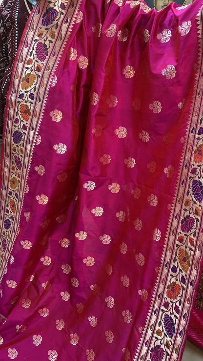 Hot Pink Pure Banarasi Katan Silk Handloom Kadhwa Paithani Saree by Shades Of Benares - banarasi - banarasi saree shop