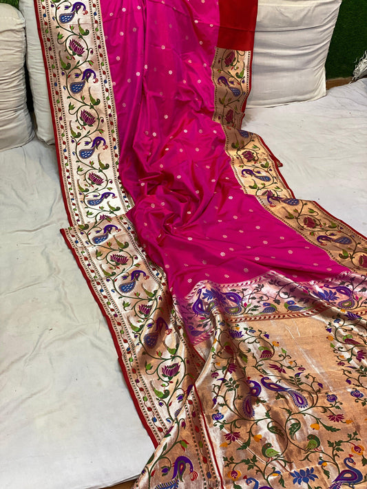 Hot Pink Pure Banarasi Katan Silk Handloom Saree- Kadhwa Paithani by Shades Of Benares - banarasi - banarasi saree shop