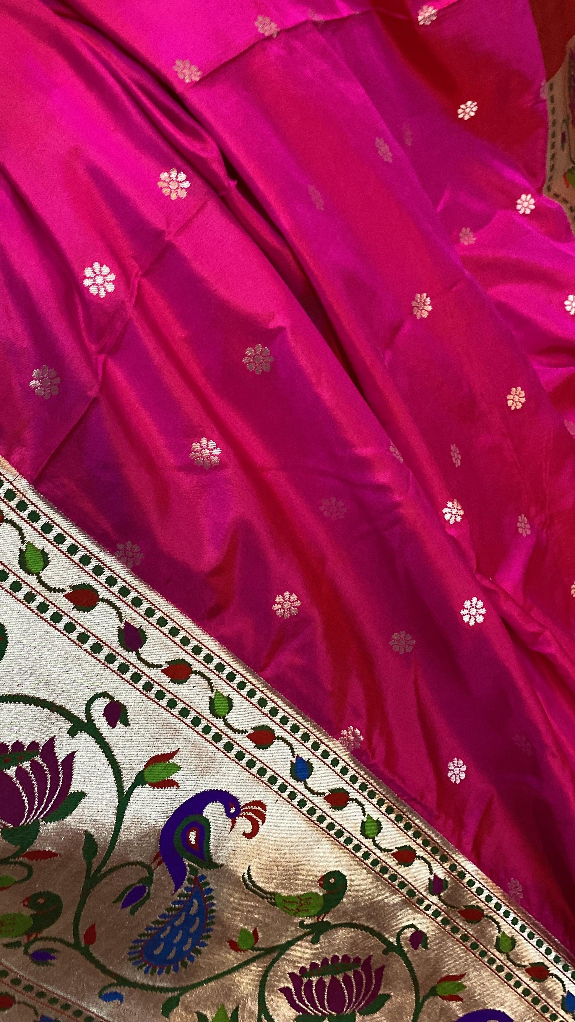 Hot Pink Pure Banarasi Katan Silk Handloom Saree- Kadhwa Paithani by Shades Of Benares - banarasi - banarasi saree shop