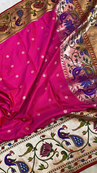 Hot Pink Pure Banarasi Katan Silk Handloom Saree- Kadhwa Paithani by Shades Of Benares - banarasi - banarasi saree shop