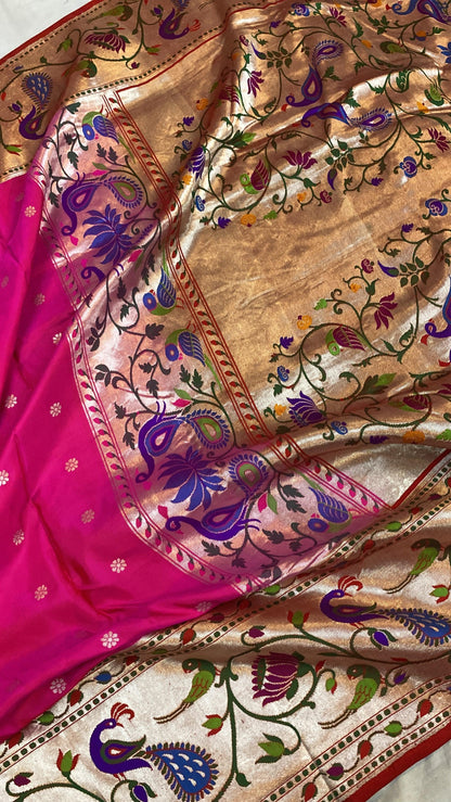 Hot Pink Pure Banarasi Katan Silk Handloom Saree- Kadhwa Paithani by Shades Of Benares - banarasi - banarasi saree shop