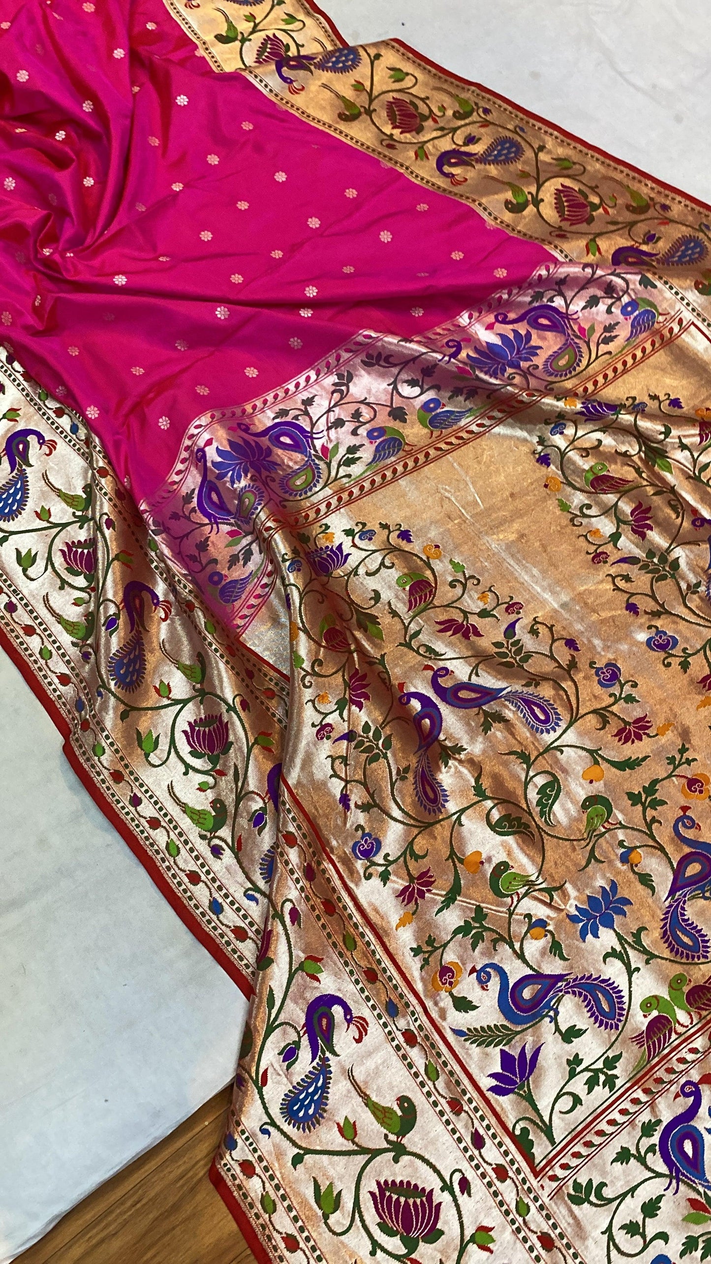 Hot Pink Pure Banarasi Katan Silk Handloom Saree- Kadhwa Paithani by Shades Of Benares - banarasi - banarasi saree shop