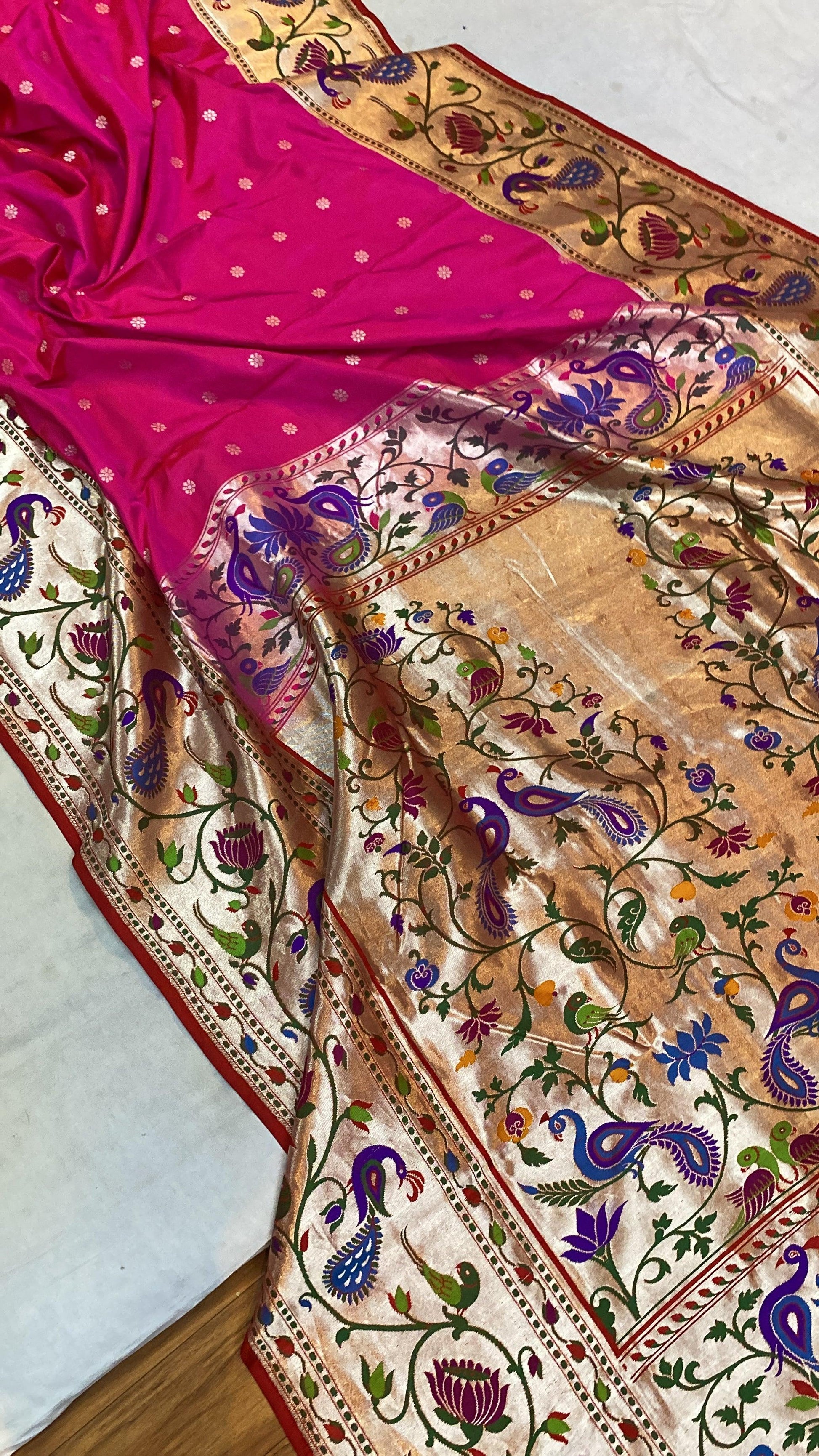 Hot Pink Pure Banarasi Katan Silk Handloom Saree- Kadhwa Paithani by Shades Of Benares - banarasi - banarasi saree shop