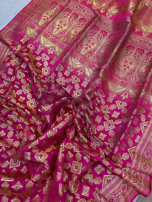 Hot Pink Pure Banarasi Satin Silk Handloom Saree by Shades Of Benares - banarasi - banarasi saree shop