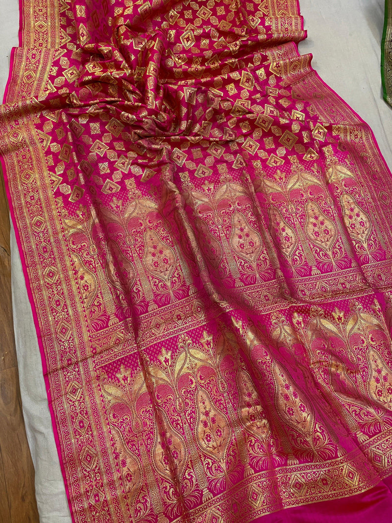 Hot Pink Pure Banarasi Satin Silk Handloom Saree by Shades Of Benares - banarasi - banarasi saree shop