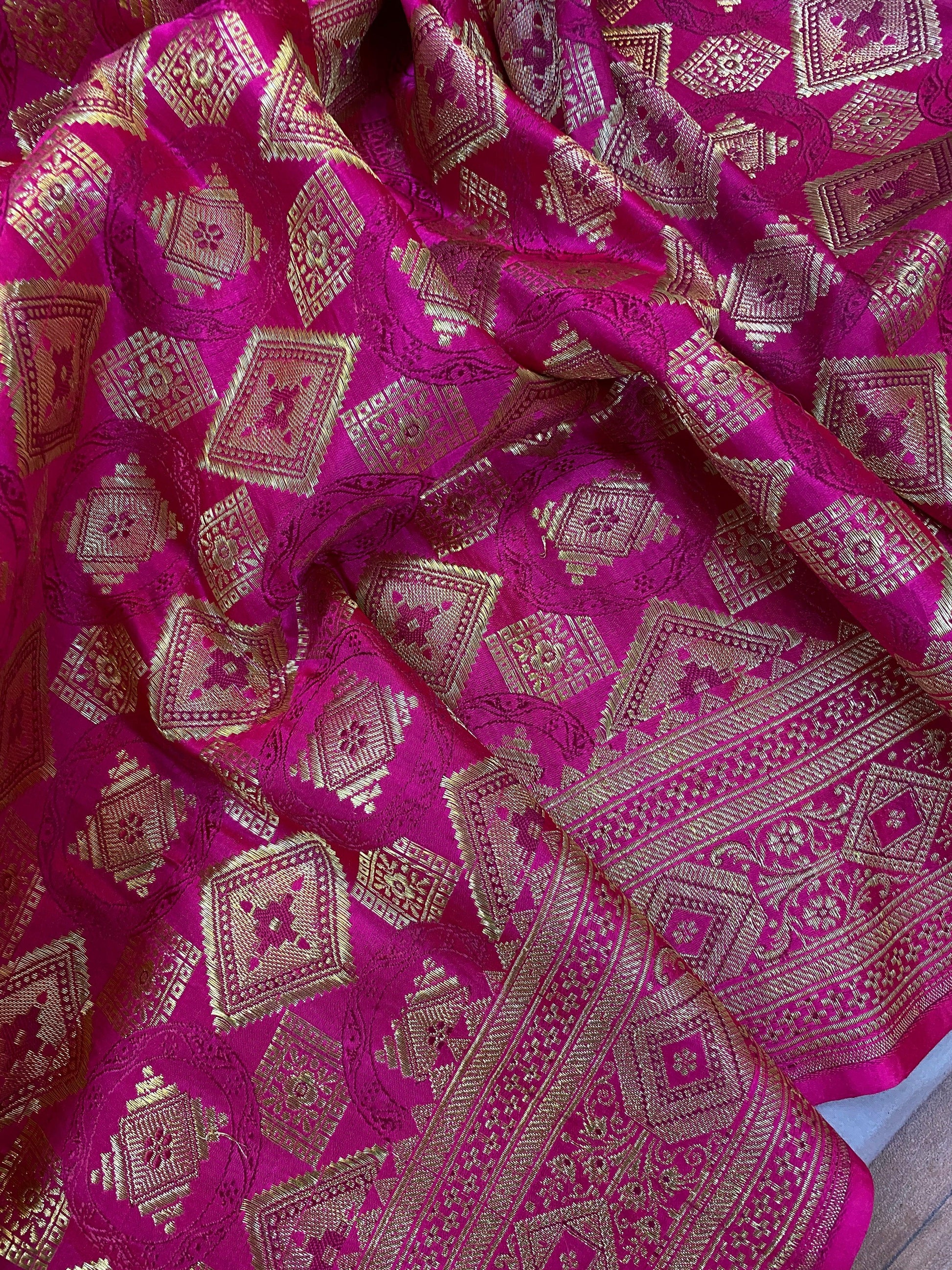 Hot Pink Pure Banarasi Satin Silk Handloom Saree by Shades Of Benares - banarasi - banarasi saree shop