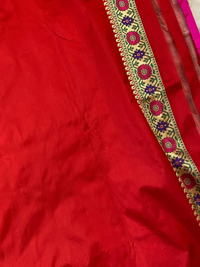 Hot Red Pure Banarasi Katan Silk Paithani Handloom Saree by Shades Of Benares - banarasi - banarasi saree shop
