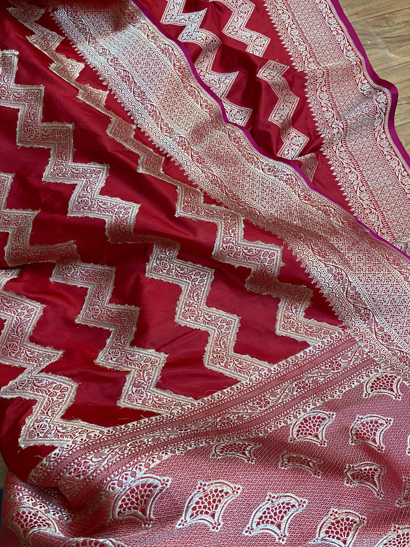 Hot RedPure Banarasi Katan Silk Handloom Saree - Shades Of Benares