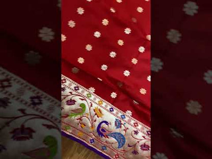 Red Pure Banarasi Katan Silk Handloom Saree- Kadhwa Paithani