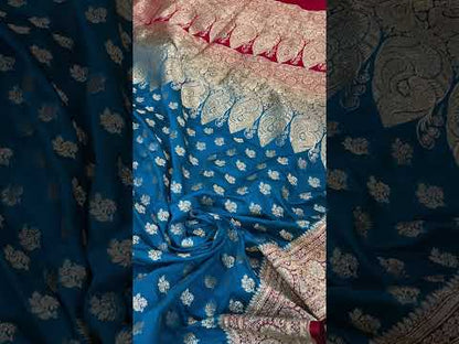 Blue Handloom Pure Satin Silk Banarasi Saree