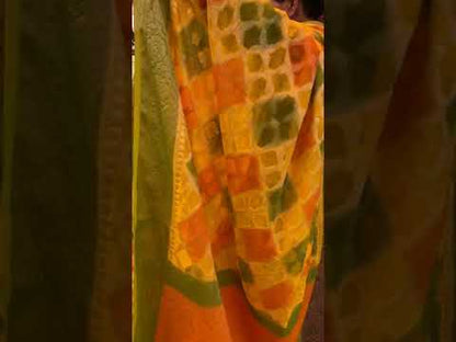 Yellow & Green  Pure Banarasi Khaddi Georgette Handloom Leheriya Saree