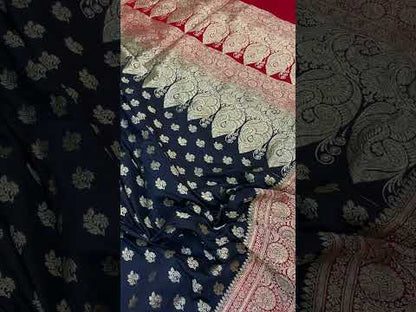 Navy  Blue Handloom Pure Satin Silk Banarasi Saree