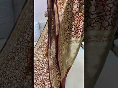 Maroon Pure Banarasi Katan Silk handloom Shikargaah saree with blouse piece