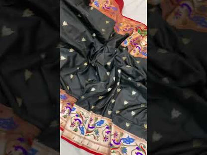 Jet Black Pure Banarasi Katan Silk Handloom Saree- Kadhwa Paithani