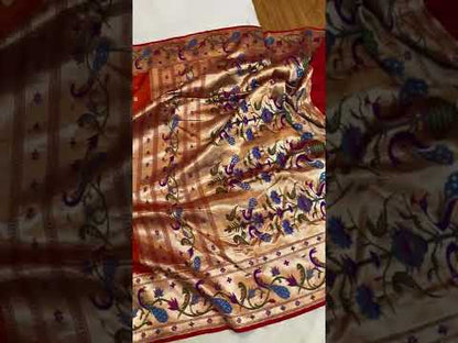 Orange Pure Banarasi Katan Silk Handloom Saree- Kadhwa Paithani