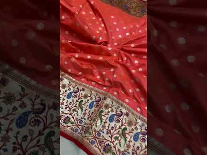 Peach Pure Banarasi Katan Silk Handloom Saree- Kadhwa Paithani