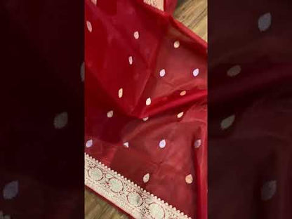 Matt Red Pure Banarasi Katan Kora Organza Silk Handloom Saree