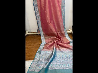 Baby Pink & Blue Pure Banarasi Tissue Silk Handloom Saree