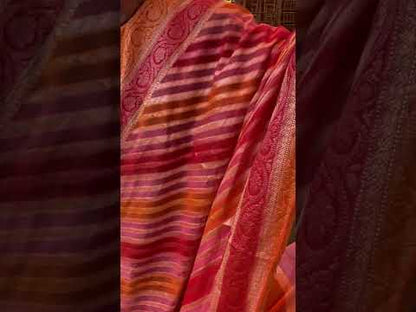 Pink & Orange  Pure Banarasi Khaddi Georgette Handloom Leheriya Saree