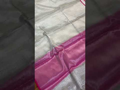 Grey & Pink Pure Banarasi Linen Tissue Handloom Saree