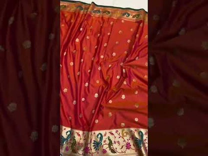 Peachish Orange Pure Banarasi Katan Silk Handloom Saree- Paithani