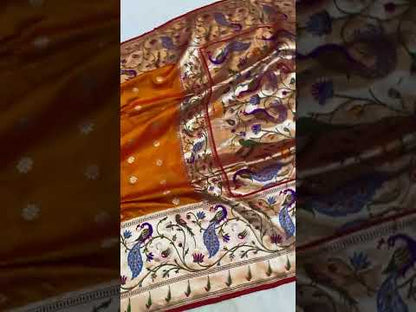 Fiery Orange Pure Banarasi Katan Silk Handloom Saree- Kadhwa Paithani