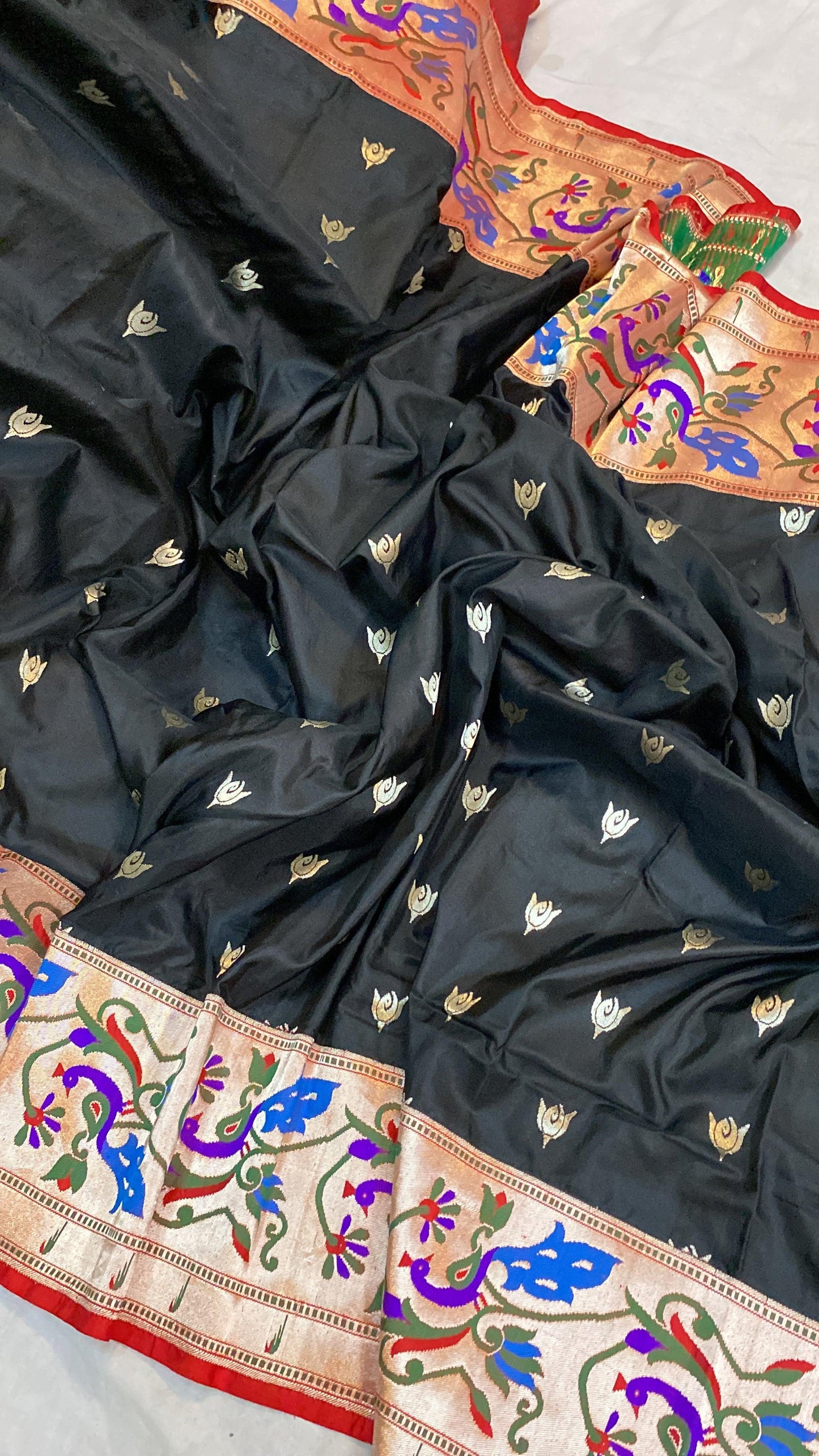 Jet Black Pure Banarasi Katan Silk Handloom Saree- Kadhwa Paithani by Shades Of Benares - banarasi - banarasi saree shop