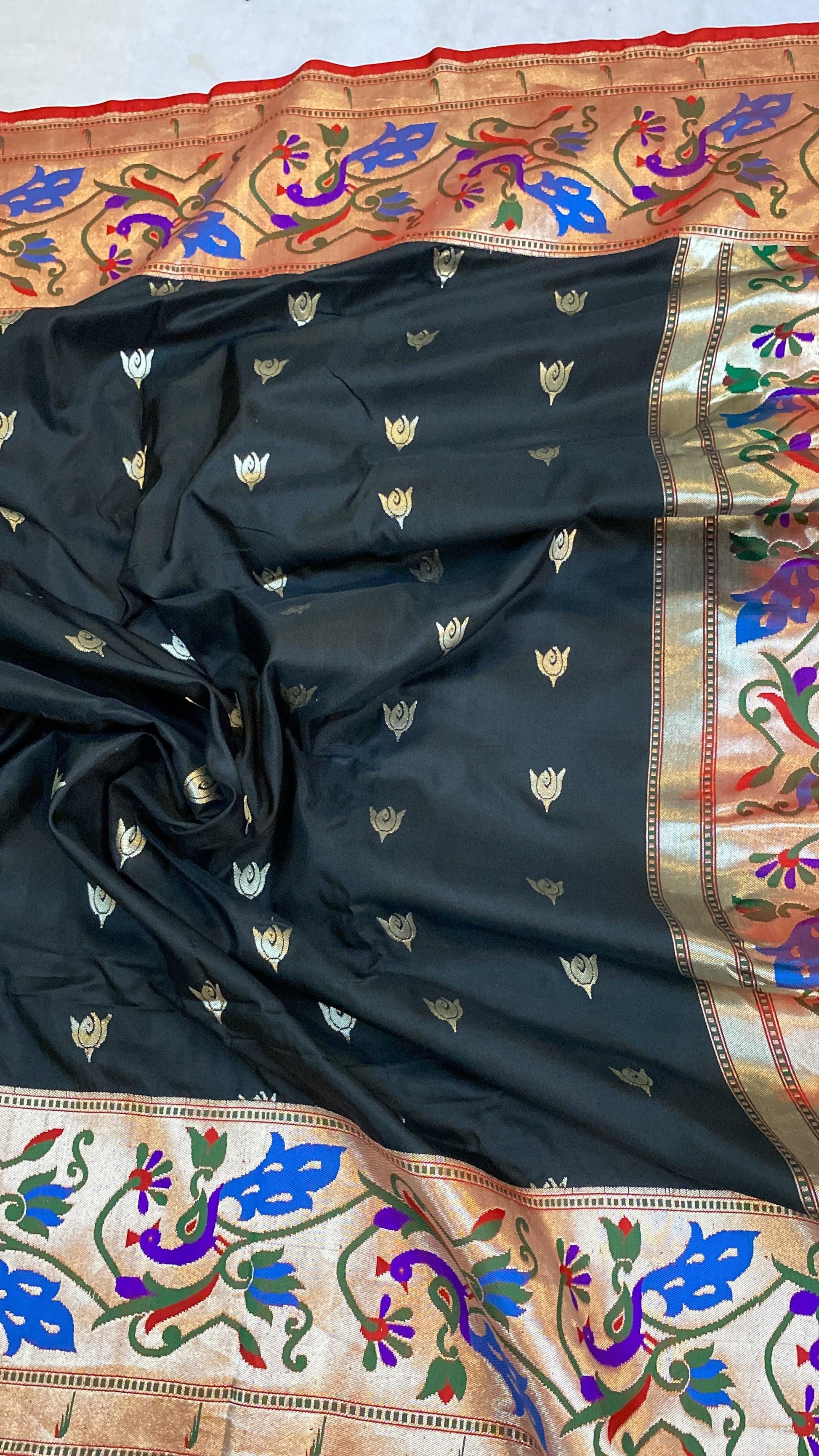 Jet Black Pure Banarasi Katan Silk Handloom Saree- Kadhwa Paithani by Shades Of Benares - banarasi - banarasi saree shop