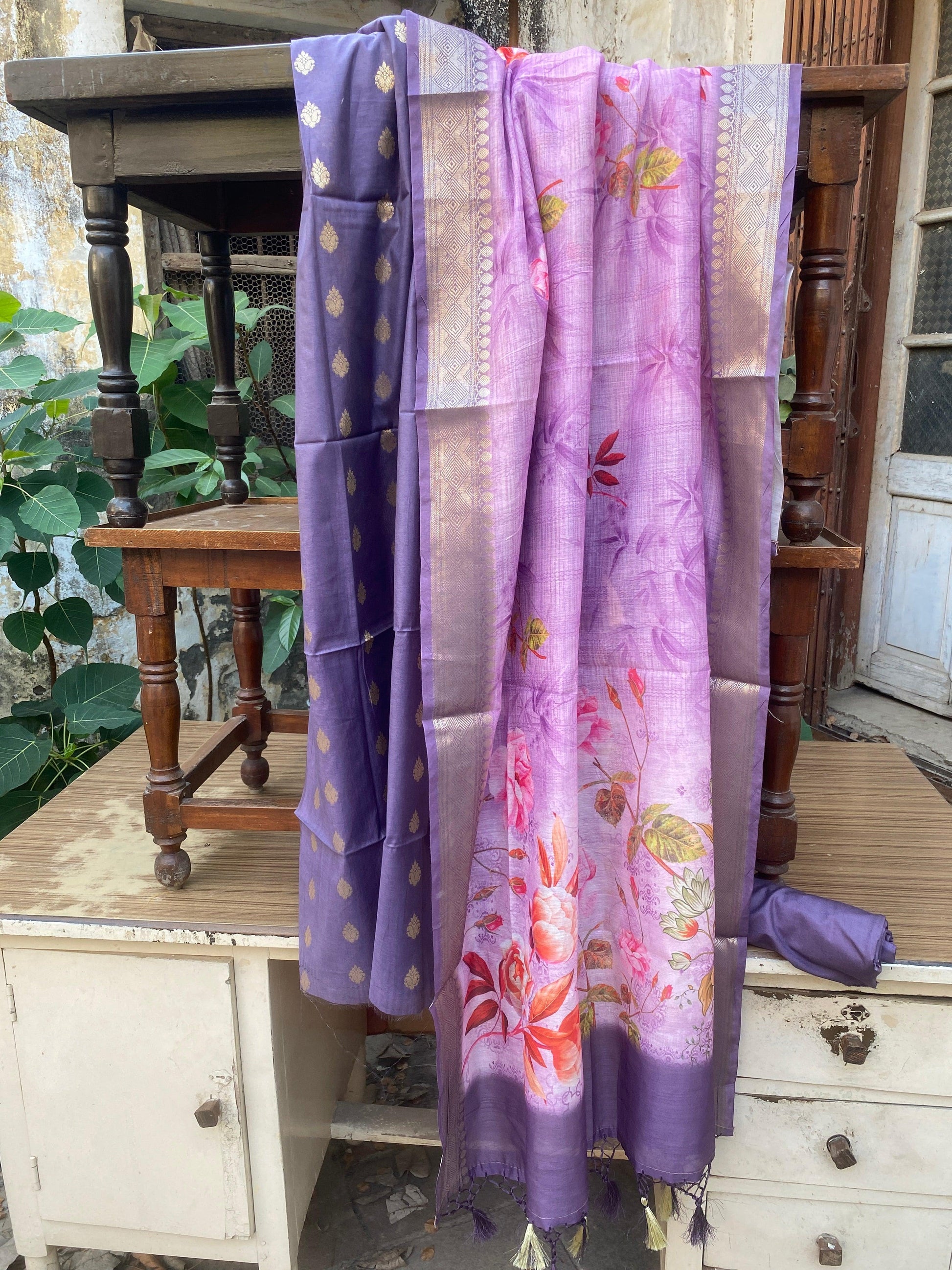 Lavender Handloom Pure Cotton Banarasi 3 pcs ladies suit by Shades Of Benares - banarasi - banarasi saree shop