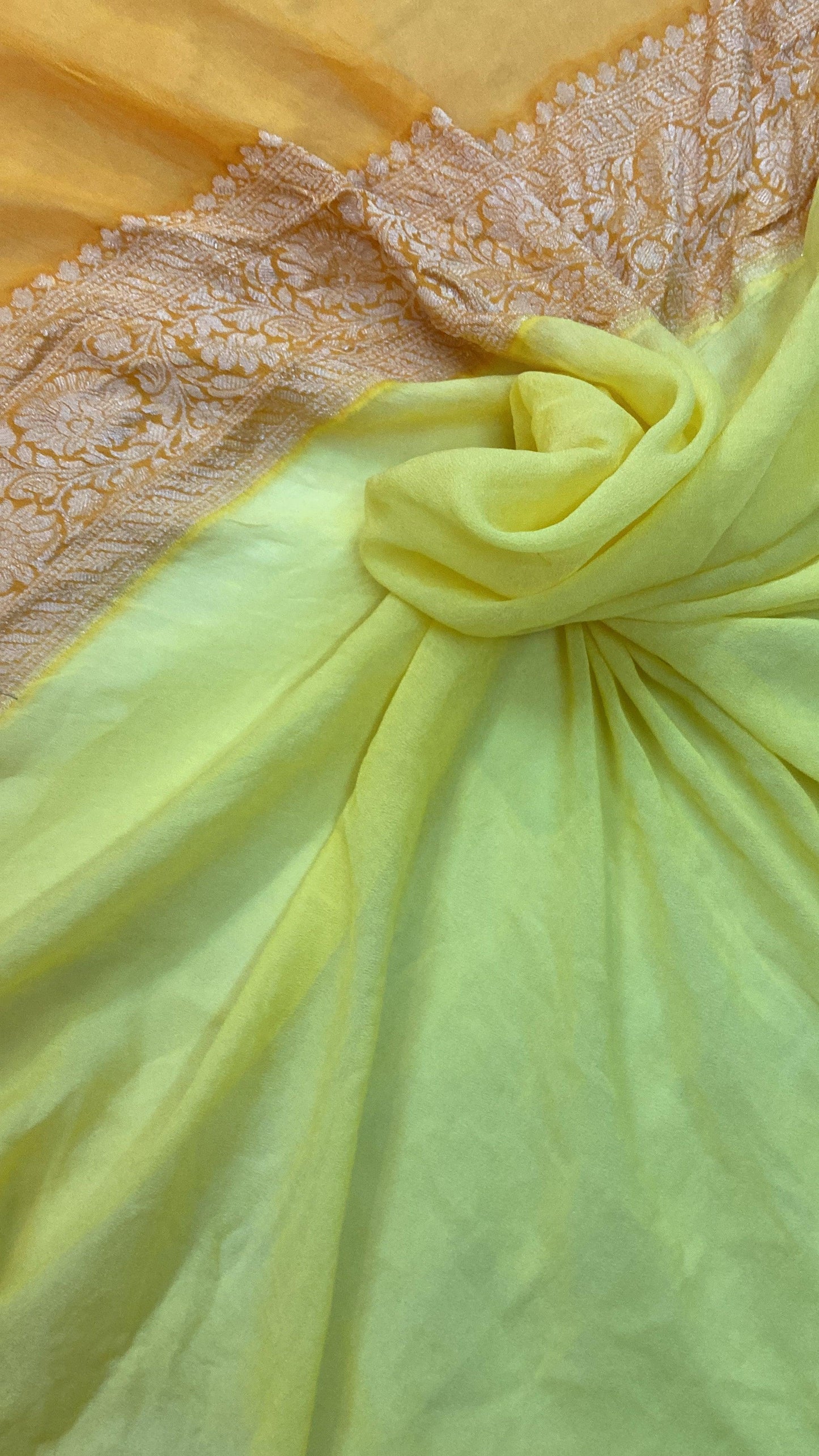 Lemon Pure Banarasi Khaddi Georgette Handloom Saree - Rangkaat by Shades Of Benares - banarasi - banarasi saree shop