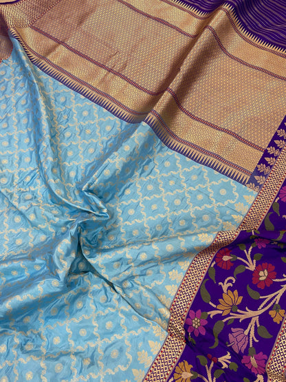 Light Blue Pure Banarasi Katan Silk Handloom Saree by Shades Of Benares - banarasi - banarasi saree shop