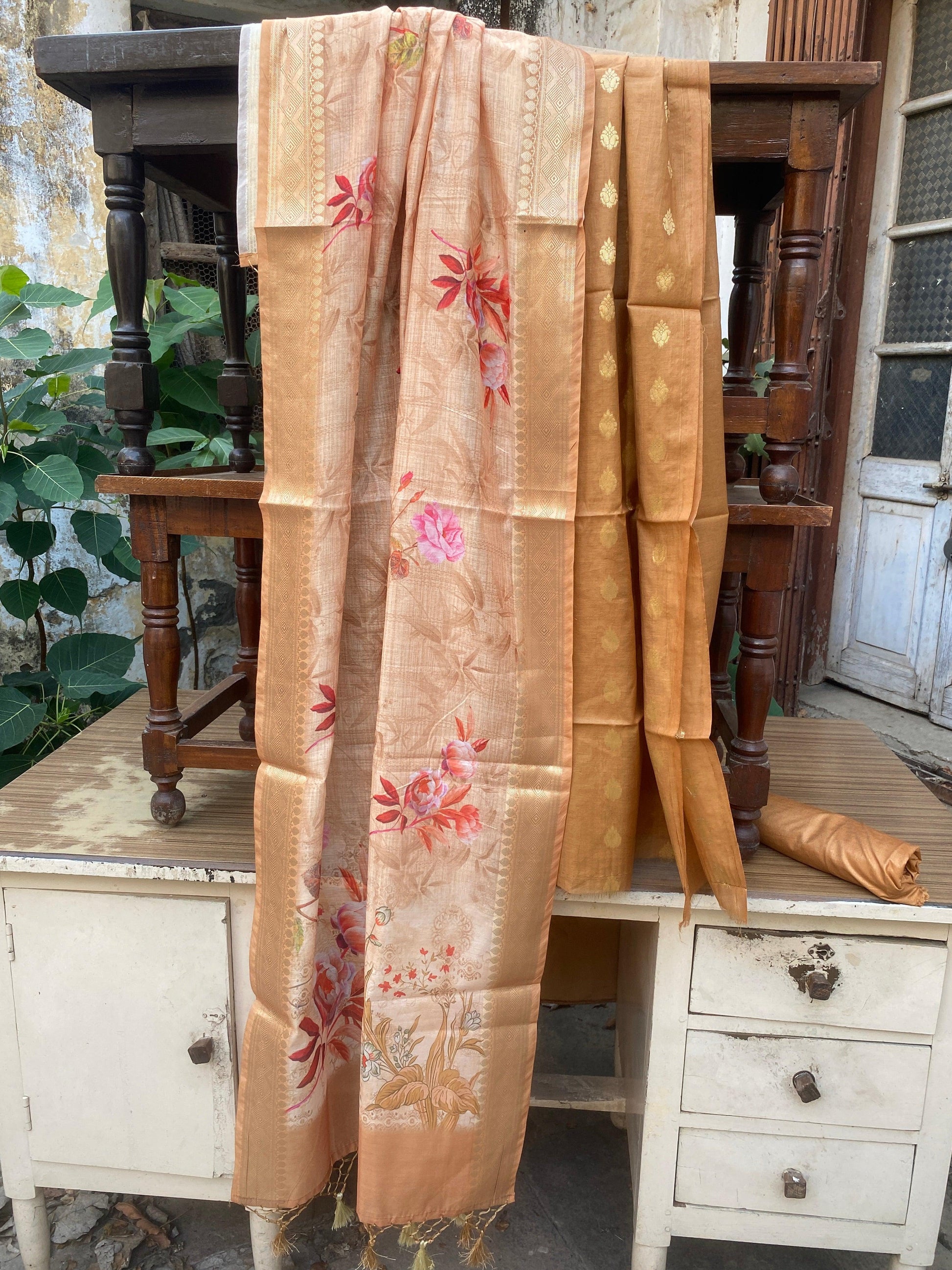 Light Brown Handloom Pure Cotton Banarasi 3 pcs ladies suit by Shades Of Benares - banarasi - banarasi saree shop