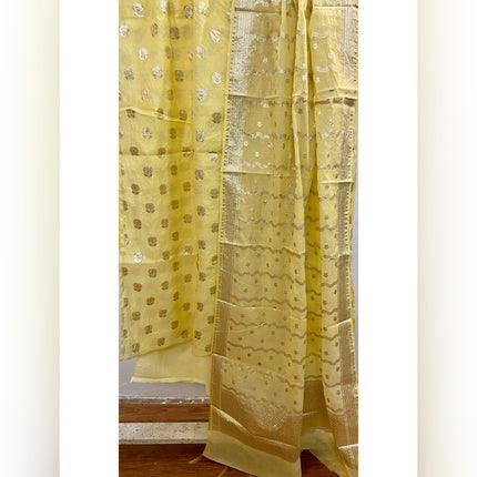 Luminous Lemon Banarasi Cotton Silk Suit Set by Shades Of Benares - banarasi - banarasi saree shop