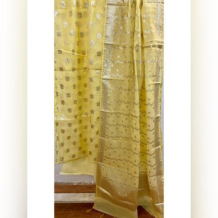 Luminous Lemon Banarasi Cotton Silk Suit Set - Shades Of Benares